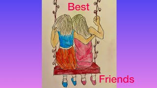Best friends drawing/friendship day drawing/how to draw friends in swing/pencil drawing and coloring