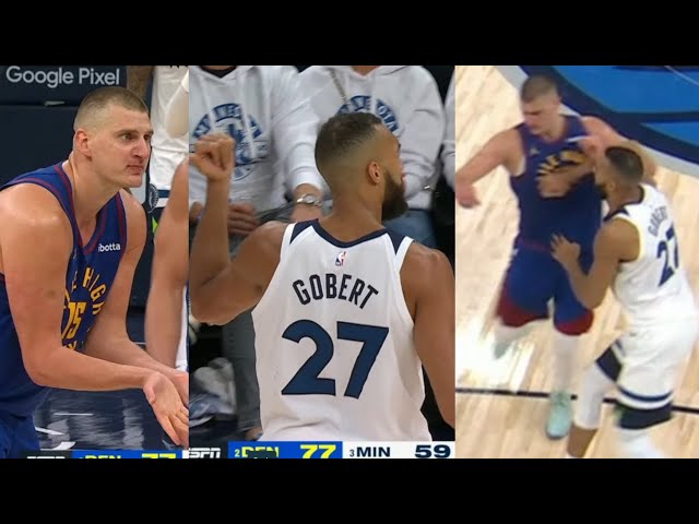 NIKOLA JOKIC GETS SHOVED BY RUDY GOBERT AFTER GOBERT MOCKS HIM! TIRED OF HIM! class=