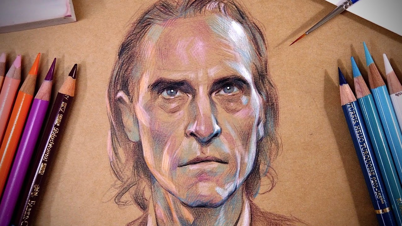 Drawing Joaquin Phoenix with colored pencils on Kraft paper | DEMO ...