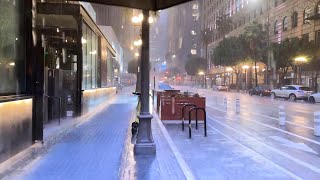 Walking In Heavy Thunderstorm At Night In Downtown Los Angeles 4K 60fps