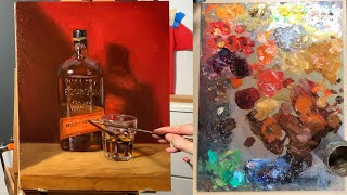 Artist studio - whiskey bottle and shot glass on red real time oil painting by Aleksey Vaynshteyn