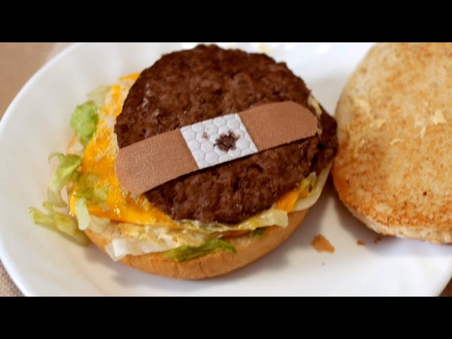 BAND-AID ON FAST FOOD BURGER! class=