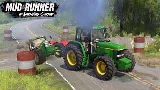 Spintires: MudRunner - 1999 John Deere 6910 Pulls Tractor Out Of Road Collapse