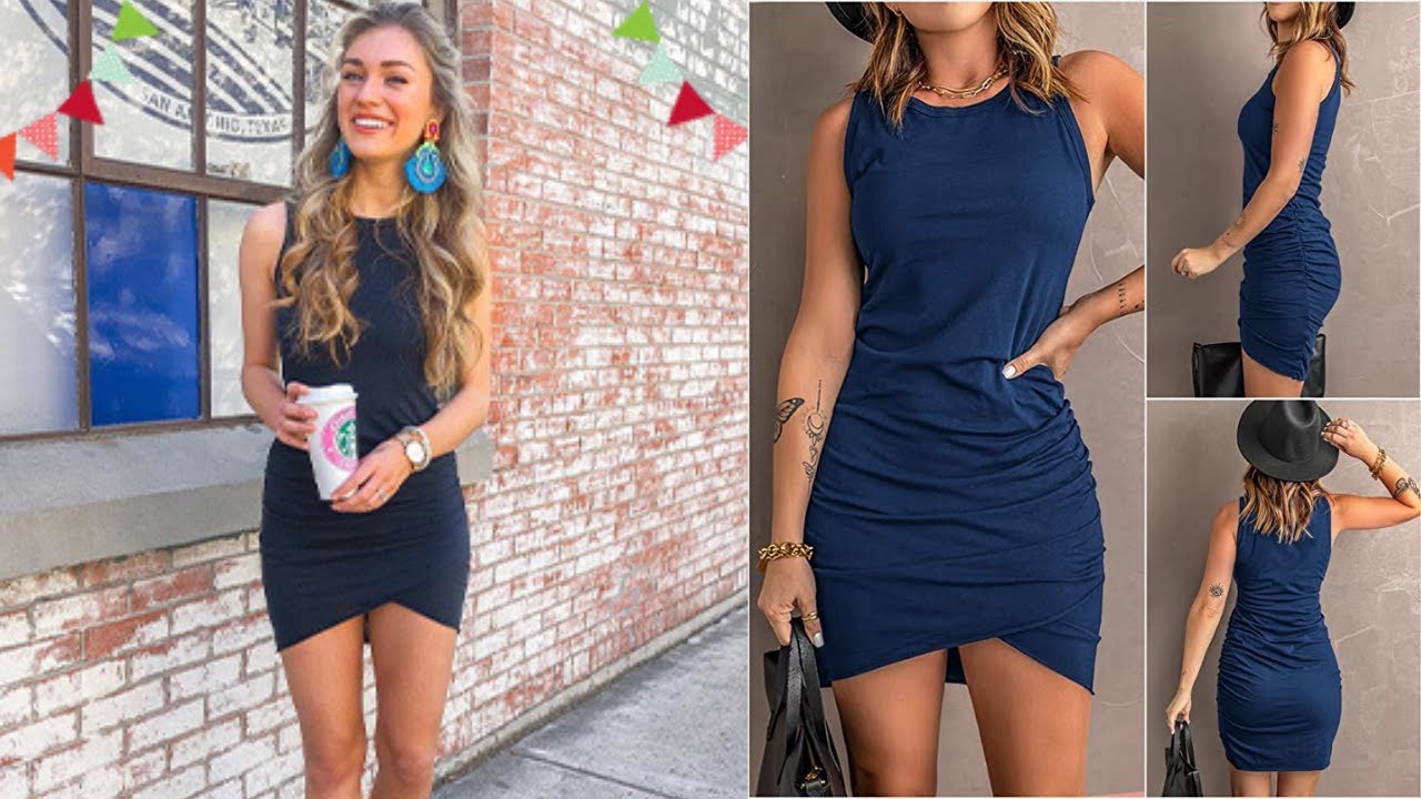 BTFBM Women Casual Dress Crew Neck Ruched Summer Sleeveless  Mini Dresses #27 