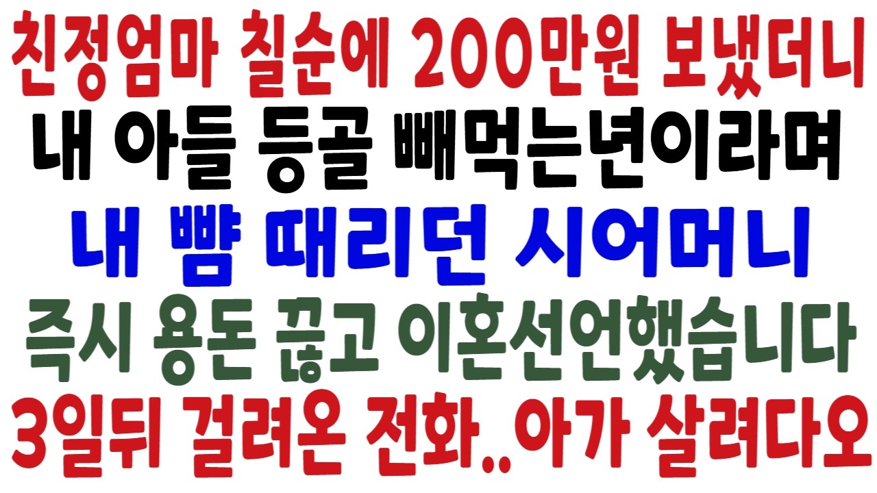 매달 용돈 100만원씩 드리는데 친정엄마 칠순잔치에 200만원 보냈다고 내 뺨 때린 시어머니, 즉시 이혼서류 던지고 친정으로 향했습니다.