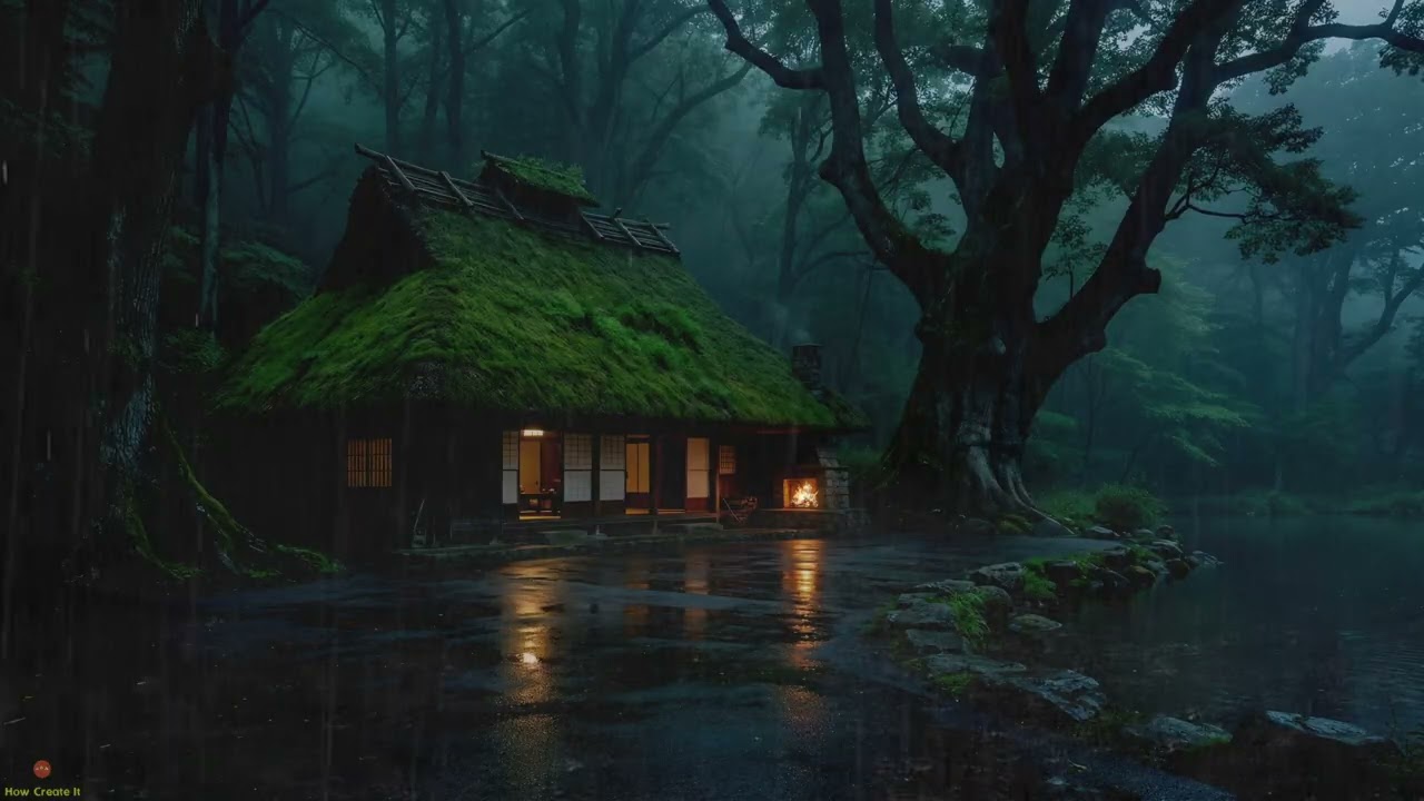 Heavy Rain Sound Beside Quiet Forest Lake House With Living Grass Roof And Blue Mist Night