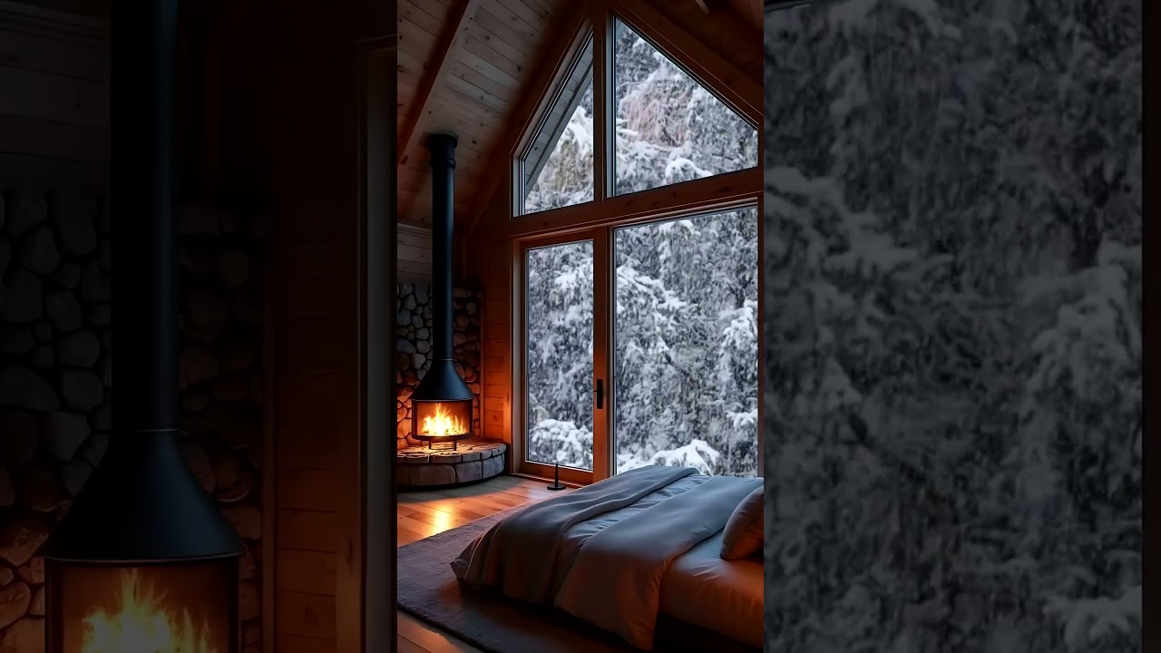 Aurora Snowfall Bedroom ｜ Luxury Mountain Lodge with Fireplace & Northern Lights 