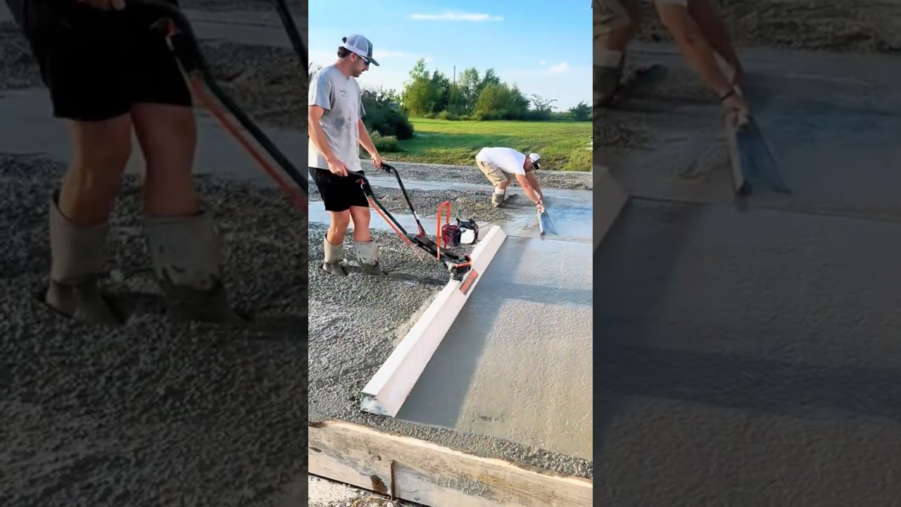 Worker Leveling Fresh Cement Floor with Tools 