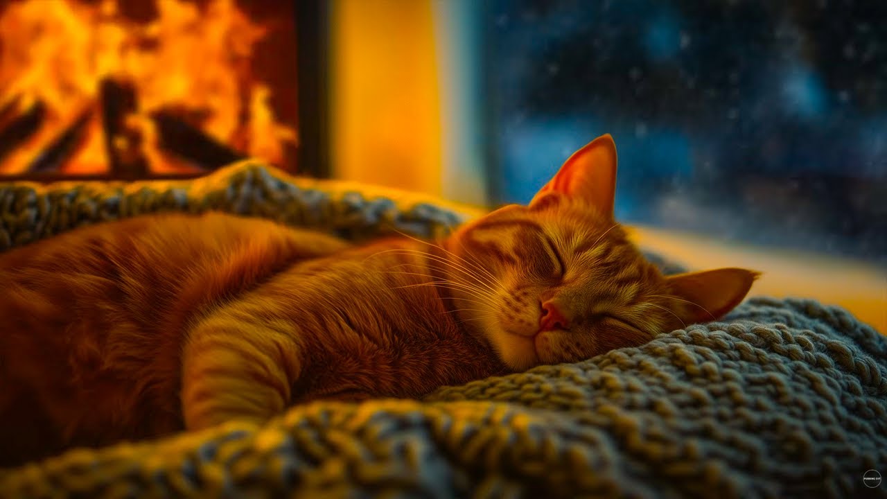 Winter Night Sanctuary 🔥🐈 Snowfall, Crackling Fire & Comforting Cat Purrs for Anxiety Relief