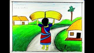 Beautiful Village Drawing With Woman Work || Easy Village Working Woman Drawing