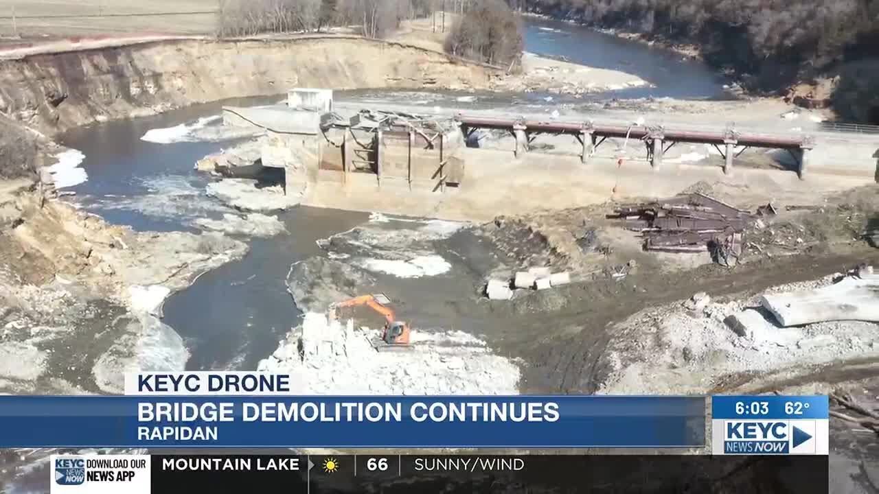 Crews continue demolition, clean up of County Road 9 bridge at Rapidan Dam