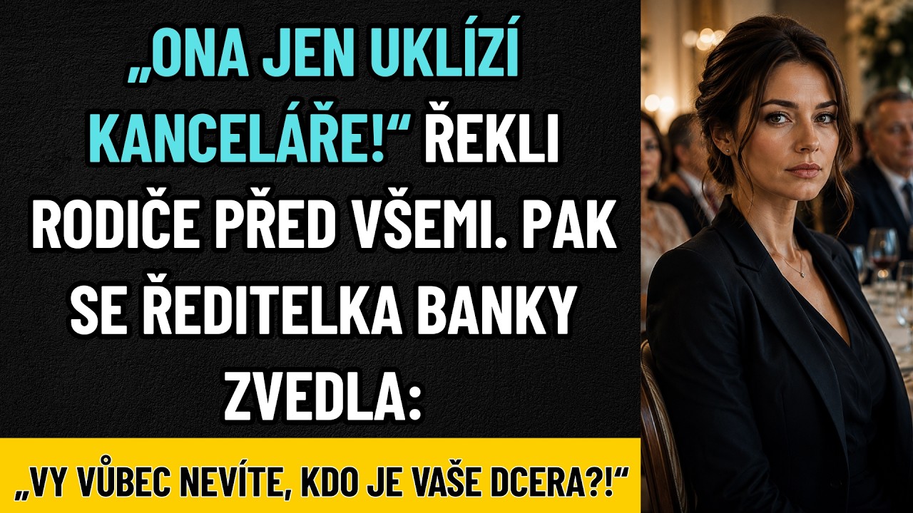 Seděla jsem u zásnubní večeře své sestry, když moje matka s úsměvem prohlásila, že jsem „jen uklízečka v kancelářích". Devatenáct hostů, bílé ubrusy, šampaňské. Otec přikyvoval. Sestra se usmála...