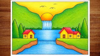 Beautiful Mountain Scenery Drawing | How to Draw a Scenery step by step | Nature Drawing