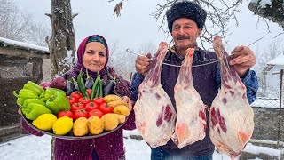 Family Winter Dinner of Lamb Legs with Vegetables in a Tandoor