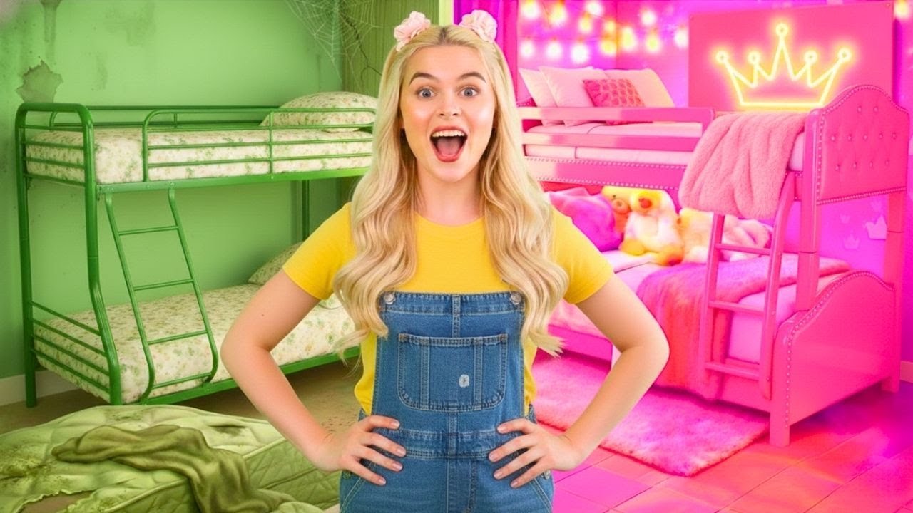 ТОЛЬКО ОДИН ЦВЕТ на 24 ЧАСА 😱 Битва двухъярусных кроватей: золотой против розового против зеленого!