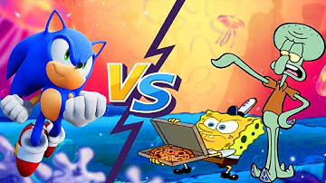Sonic the hedgehog trying to get a pizza from Spongebob