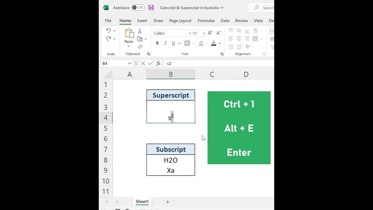 Insert superscripts subscripts in excel with keyboard shortcuts