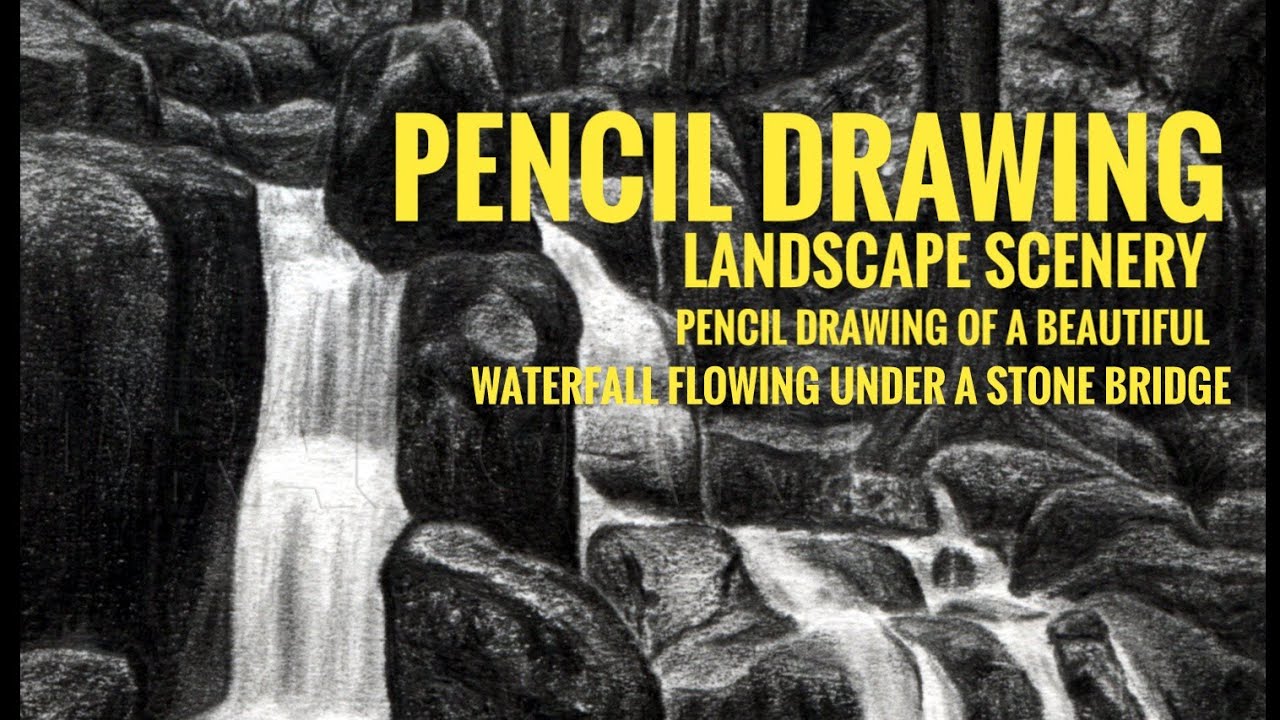 Landscape scenery pencil drawing of a beautiful waterfall flowing under ...