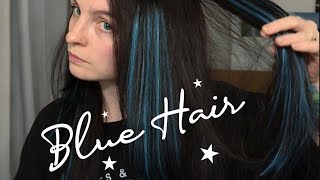 blue and black hair   blue tape in extensions  butterfly haircut  black hair dye