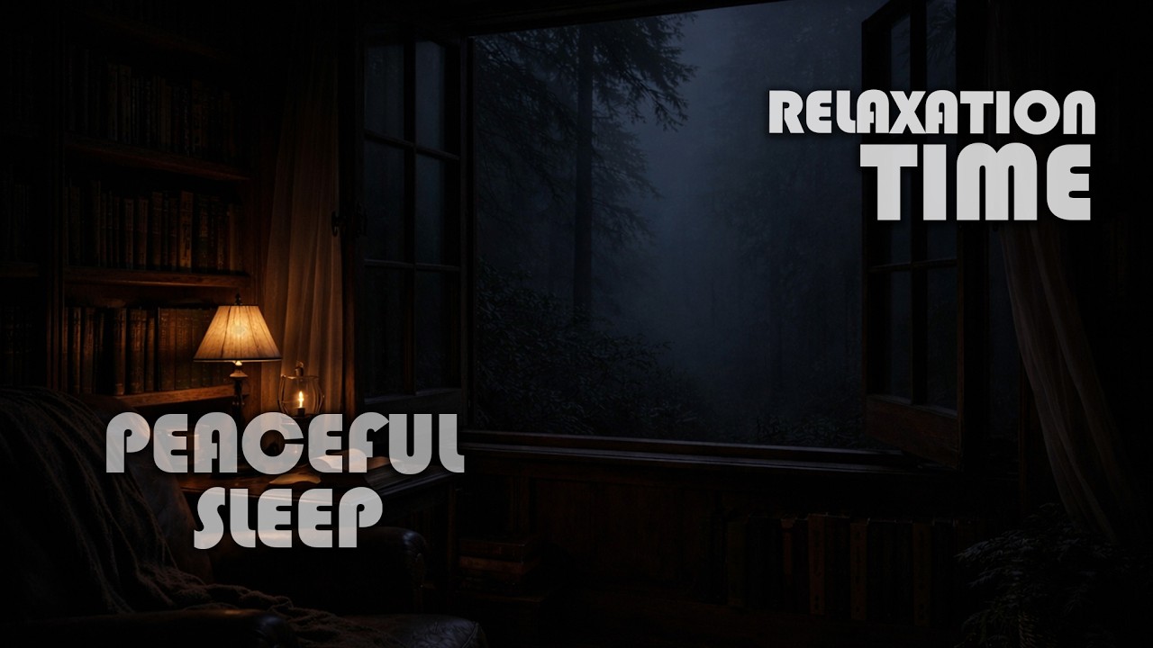 ASMR Cozy Library Night Ambience 🌙 Fireplace Sounds & Misty Forest View for Deep Sleep