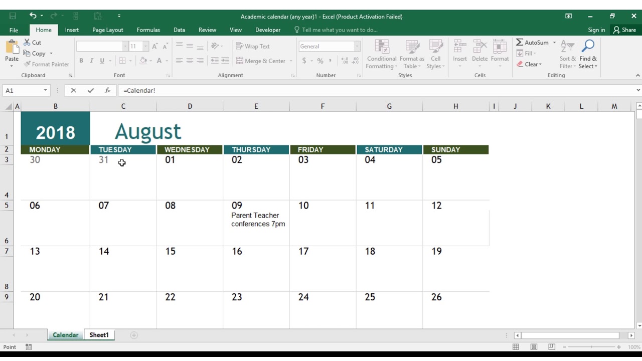 Easy Way to Create Calendar Using EXCEL 2016 YouTube