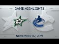 NHL Highlights | Stars vs. Canucks - Nov. 7, 2021