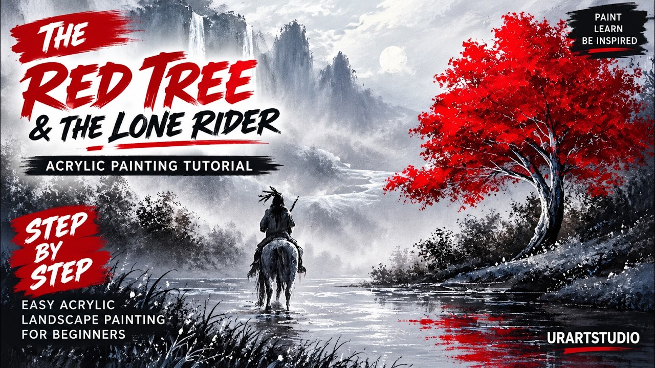 The Red Tree & The Lone Rider 🌳 | Atmospheric Acrylic Landscape Painting #AcrylicPainting