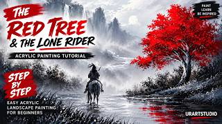 The Red Tree & The Lone Rider 🌳 | Atmospheric Acrylic Landscape Painting #AcrylicPainting