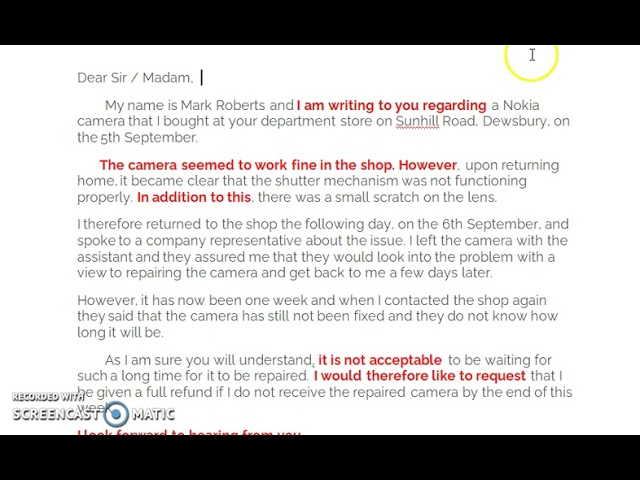 A complaint letter. رسالة شكوى.. للسنة الثالثة الشعب العلمية والتقنية