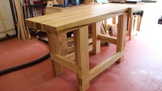 This workbench is made of poplar and uses a large front vise from Lee Valley Tools. It