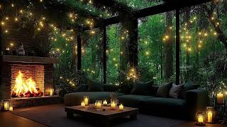Relaxing Soft Jazz Heavy Rain 🌲Cozy Forest Cabin, Smooth Jazz Piano &amp; Fireplace for Study &amp; Sleep