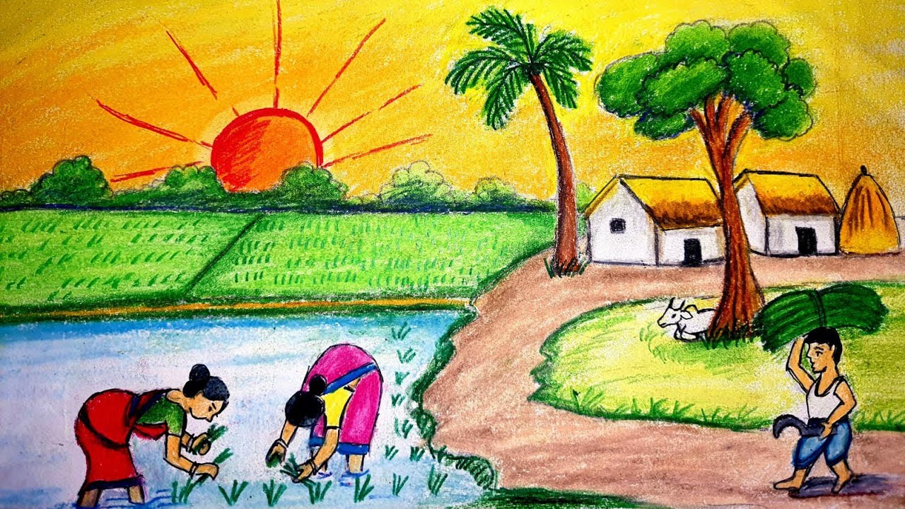 How to draw scenery of farmers working in the field |cultivation ...