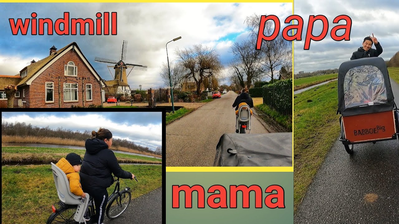 Bike ride (cargo bike) with the family through beautiful meadow and village. Life in The Netherlands