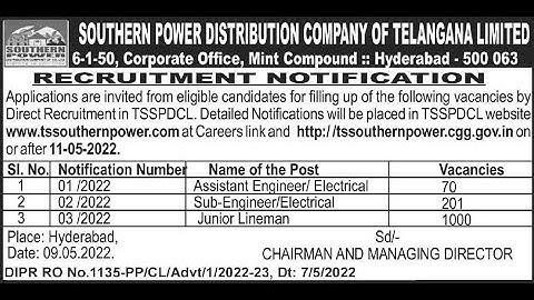 Govt.Jobs at TSSPDCL: Asst.Engineer-70, Sub-Engineer-201 & Jr. Lineman-1000!
