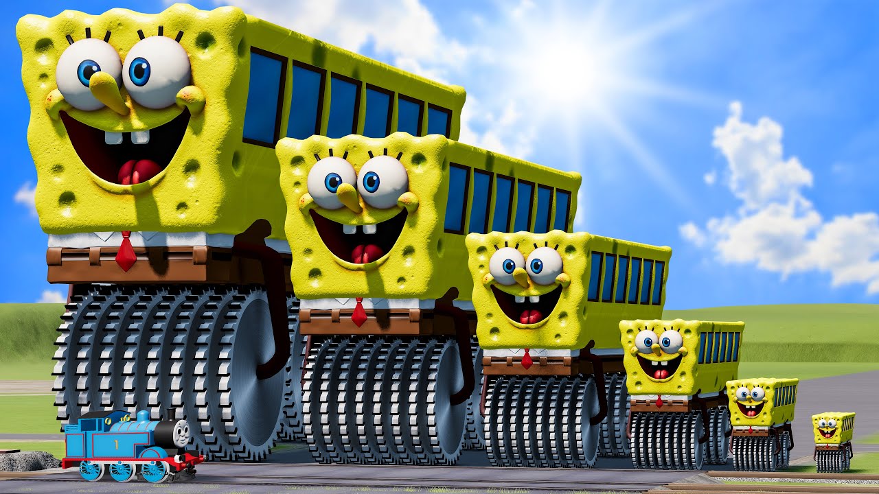 Big & Small Bus SpongeBob Double Monster Saw Wheels vs Trains | BeamNG.drive