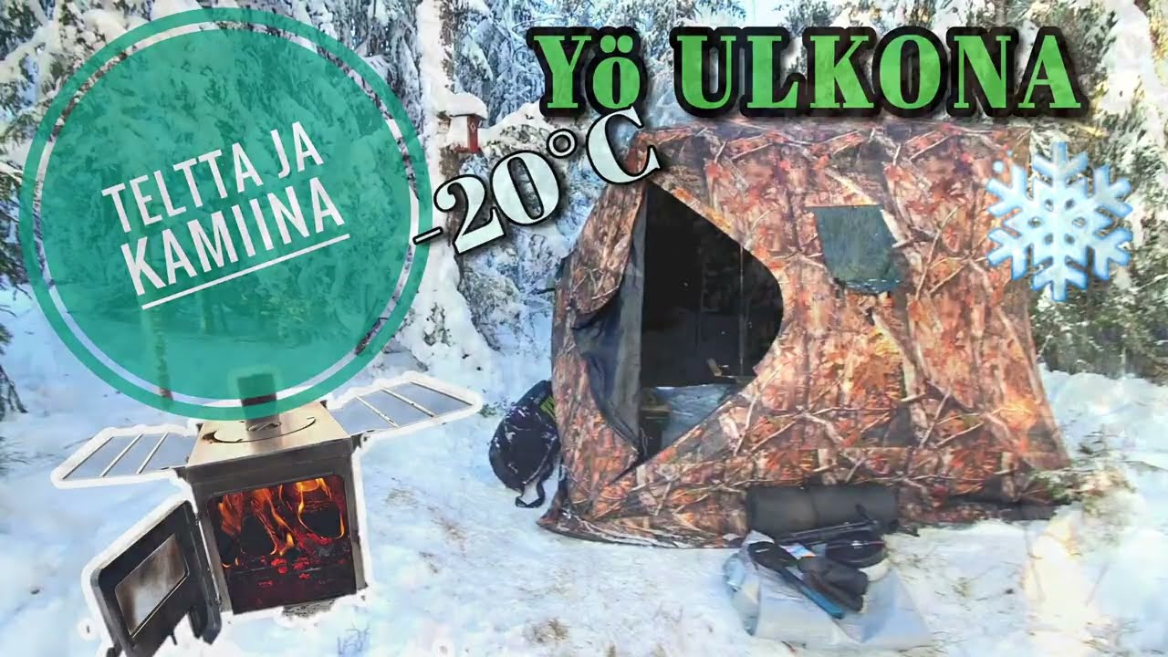 Telttakamiina ja teltta, yö ulkona talvella -20 RETKEILY