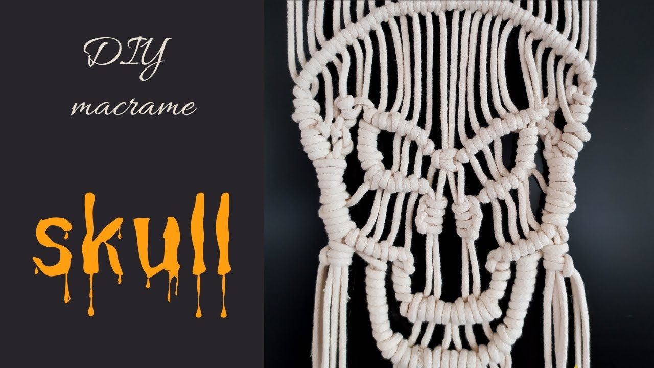 DIY macrame skull wall hanging tutorial for Halloween, spooky skeleton