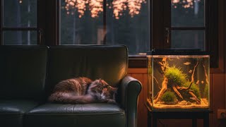 Golden Hour Harmony: A Cat's Window View, Aquarium & Nature Sounds for Relaxation