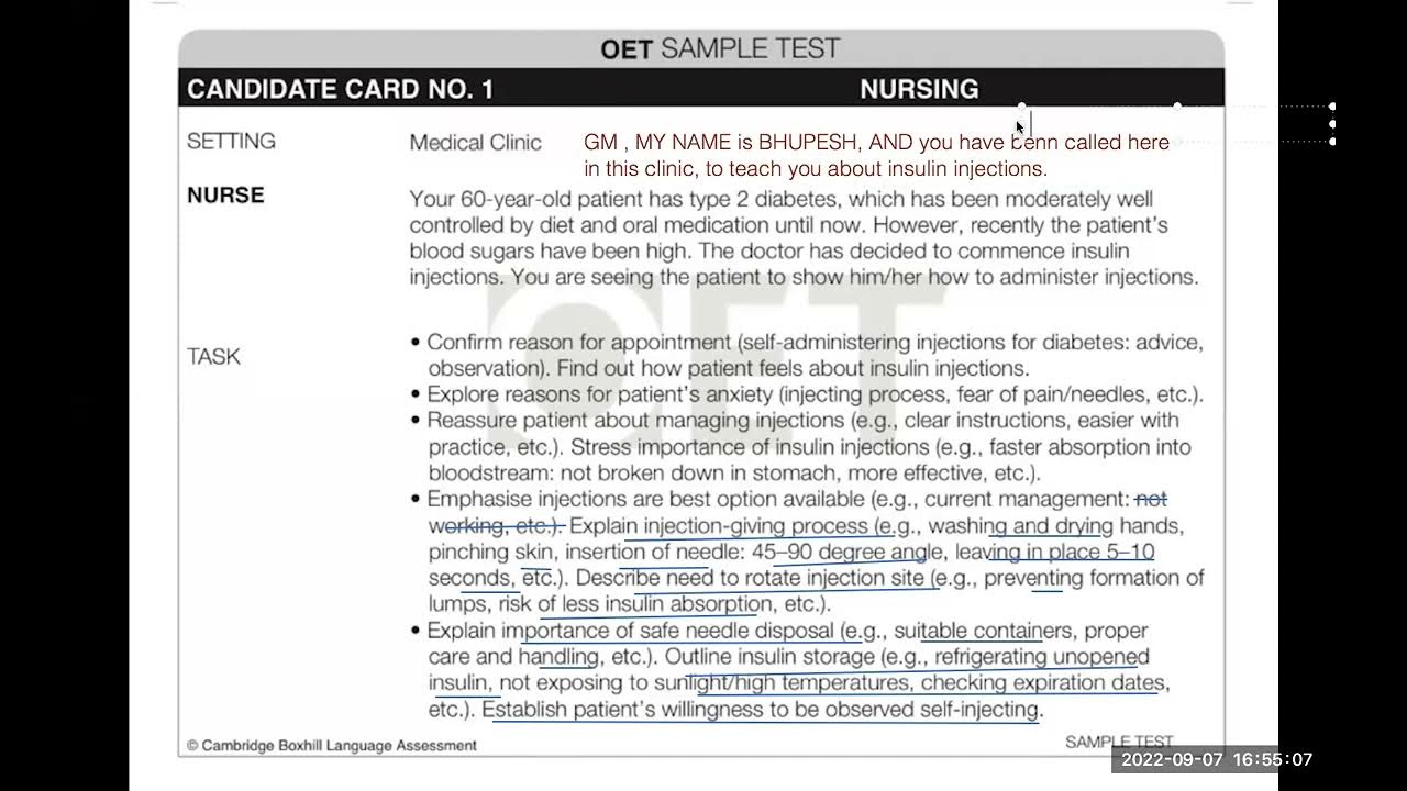 Original sample of oet speaking Oet authentic material speaking Diabetes insulin injection