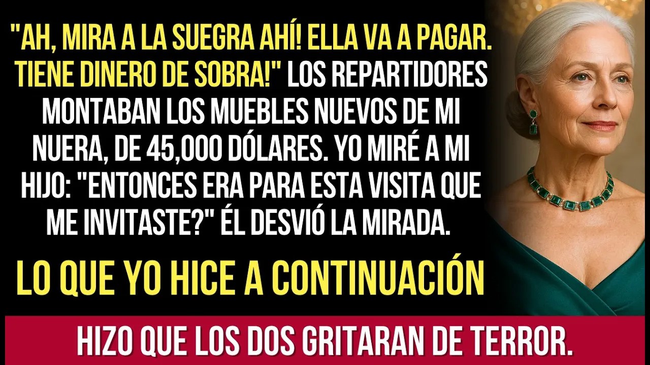 Mientras los repartidores subían el último sofá italiano, escuché a Verenice anunciar como si ganara una batalla: "Ah, mira, ahí está la suegra. Ella va a pagar. Tiene dinero de sobra, ¿verdad,...