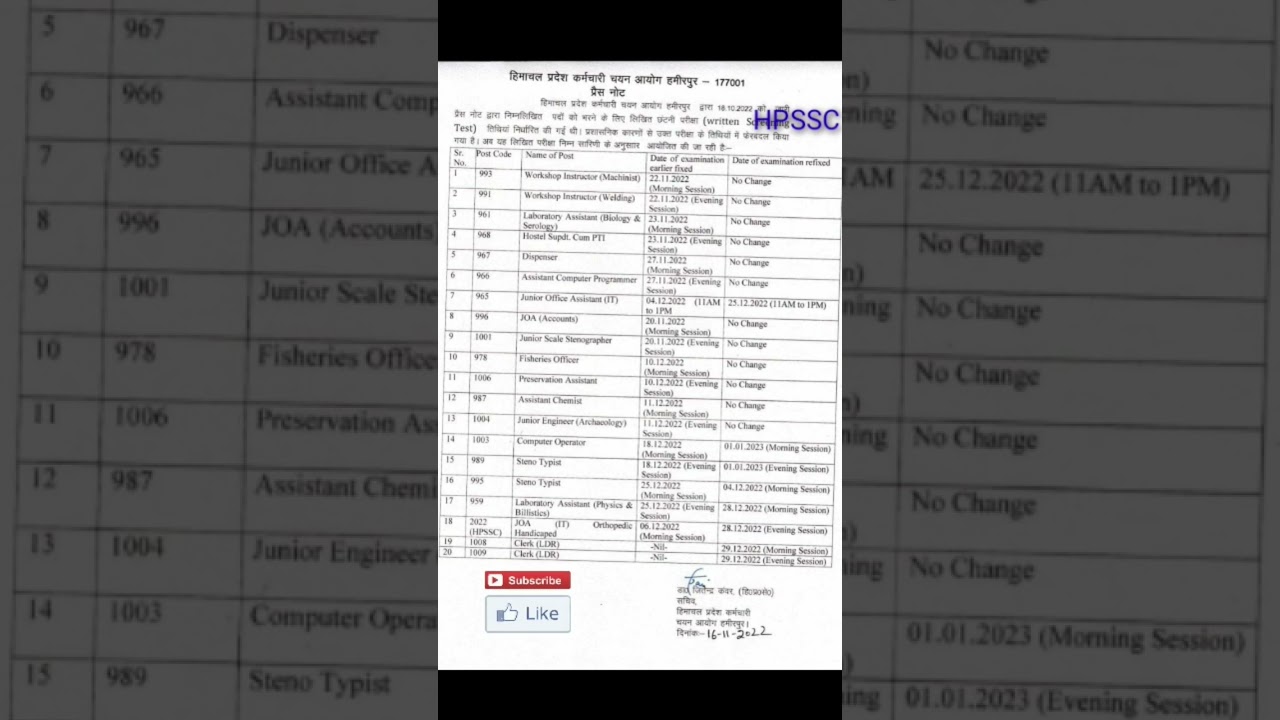 Hpssc Exams date Re schedule November 2022 |