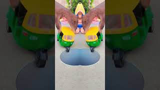 Cng Auto Rickshaw Pushing Pink Yellow Green And Orange Car In Pit