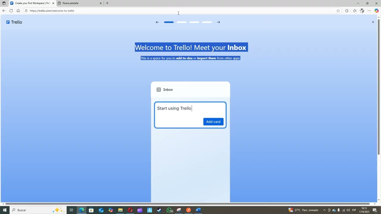 primeras indicaciones al crear una cuenta en trello