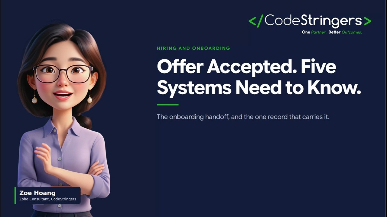 Title card: Offer Accepted. Five Systems Need to Know, with presenter Zoe Hoang