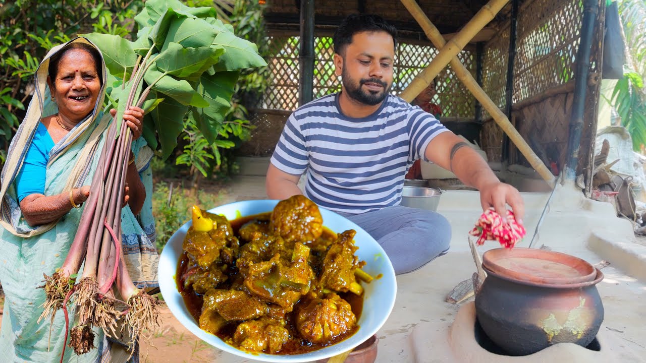 মাটির হাড়িতে দেশি খাসি রান্না তার সাথে ইলিশ মাছের মাথা দিয়ে কচু ও কচু শাক রান্না | Mutton Handi |