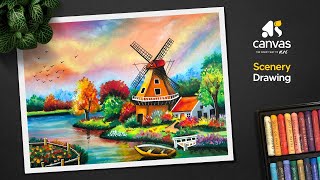 Easy oil pastel scenery drawing for beginners / how to draw a beautiful scenery step by step