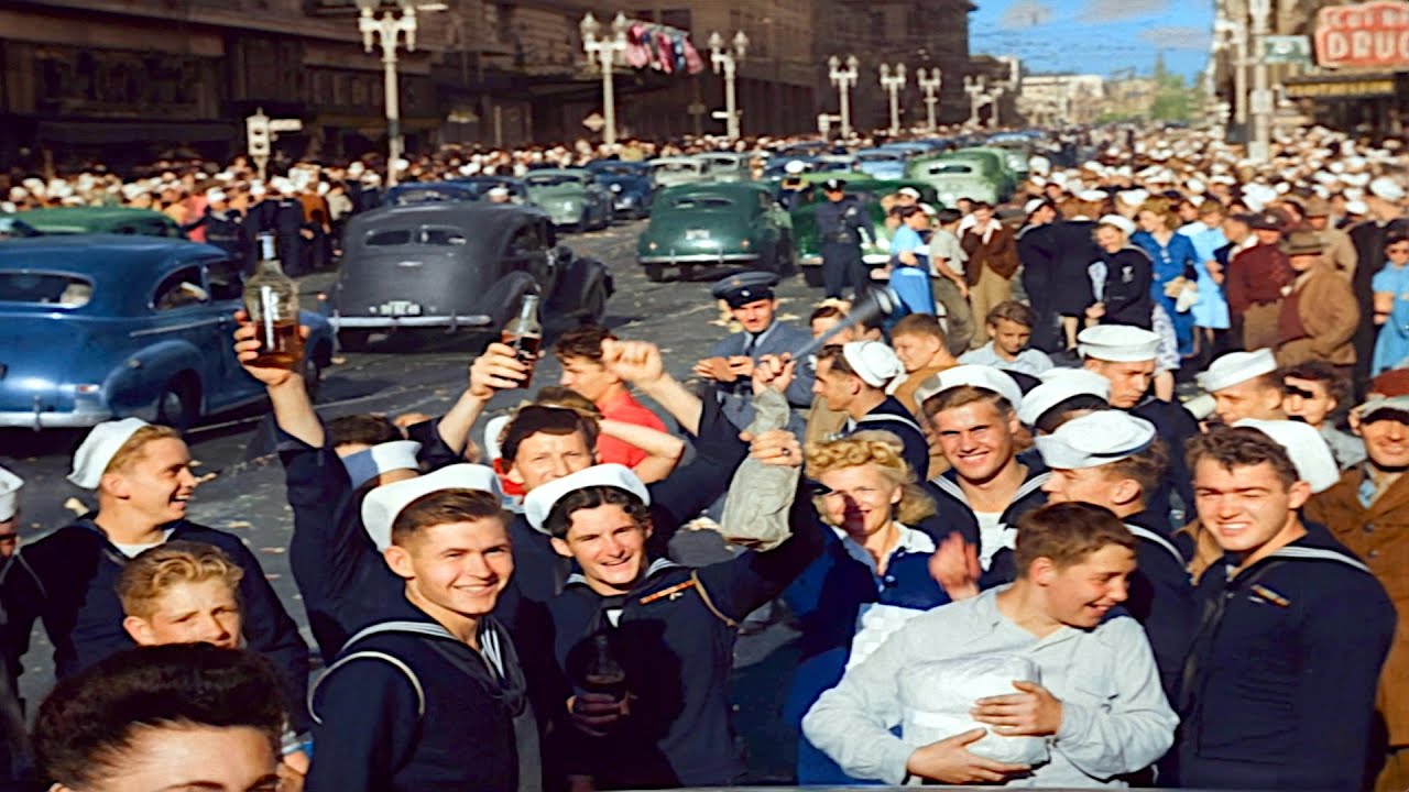 San Diego, San Francisco 1945 in color, V-J Day [60fps, Remastered] Sound Design