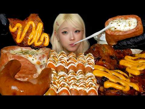 CHEESY SPAM & JAMAICAN JERK CHICKEN & HOMEMADE SAUSAGE WITH MAYO | MUKBANG ASMR | BIG BITES