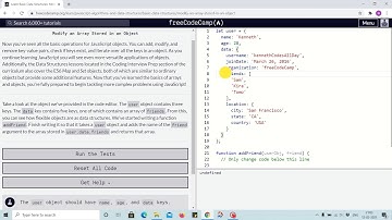 Tutorial 20 - modify an array stored in object - freecodecamp