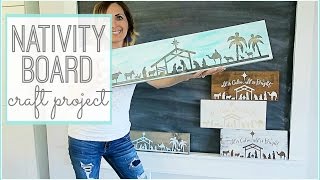 how to make your own DIY Nativity Board, including tips on how to use vinyl as a stencil and how to distress a painted board - you 